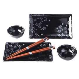 Set 2 misek a 2 talířů s hůlkami Made in Japan Black sakura design 4 ks, keramika, handmade