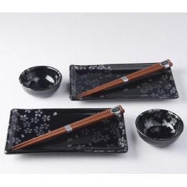 Set 2 misek a 2 talířů s hůlkami Made in Japan Black sakura design 4 ks, keramika, handmade