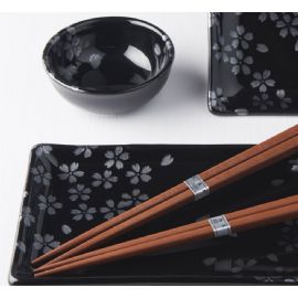 Set 2 misek a 2 talířů s hůlkami Made in Japan Black sakura design 4 ks, keramika, handmade