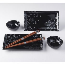 Set 2 misek a 2 talířů s hůlkami Made in Japan Black sakura design 4 ks, keramika, handmade