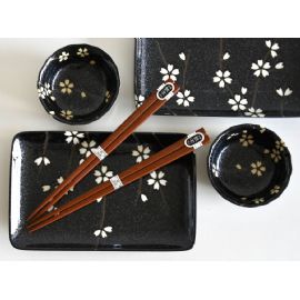 Set 2 misek a 2 talířů s hůlkami Made in Japan Black 4 ks, keramika, handmade