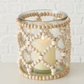 Skleněný svícen Beads výška 15cm, průměr 11cm, sklo, dřevo