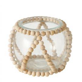 Skleněný svícen Beads výška 10cm, průměr 13cm, sklo, dřevo